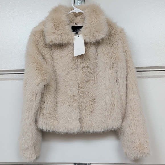Zara Women Short Faux Fur High Neck Coat Light Beige Cream XS 5320/725 New - Picture 12 of 15